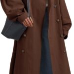 Women Double Breasted Long Trench Coat Oversized Classic Lapel Belted Overcoat