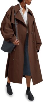 Women Double Breasted Long Trench Coat Oversized Classic Lapel Belted Overcoat