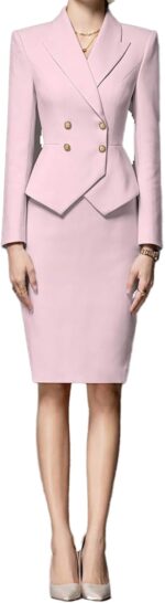 Women Business Suit 2 Piece Double Breasted Long Sleeve Skirt Suit Set Lady Blazer Solid Slim Fit Jacket Skirt