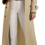 Women Long Trench Coat Double Breasted Lapel Oversized Windproof Overcoat with Belt
