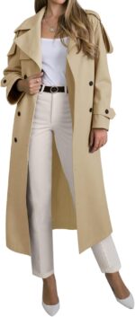 Women Long Trench Coat Double Breasted Lapel Oversized Windproof Overcoat with Belt