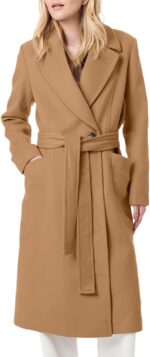 Women Notch Lapel Collar Pea Coat Long Sleeve Casual Fall Winter Long Overcoat with Belt