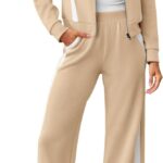 Women 2 Piece Outfits Color Block Sweatsuit Zip Up Sweatshirt Wide Leg Sweatpant Tracksuit Lounge Travel Set