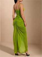 Women Ruffle Ruched Cami Dress Draped Split Elegant Bodycon Maxi Dresses - Image 2