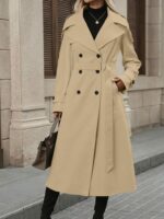 Women Long Trench Coat Double Breasted Lapel Oversized Windproof Overcoat with Belt - Image 2