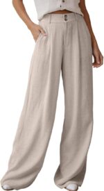 Women Linen Pants Casual Loose Wide Leg Pants for Women Elastic Waist Palazzo Pants Trousers with Pockets