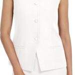 Women Two Piece Blazer Outfits Summer Skirt Set Dressy Crew Neck Button Down Vest Business Casual Suit