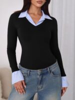 Women Long Sleeve Polo Shirts Business Casual Work Tops Slim Fit V Neck Collared Patchwork Fall Outfits - Image 2