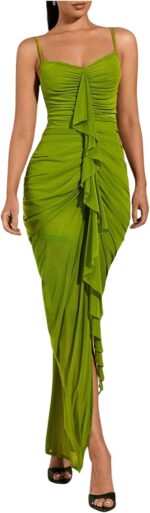 Women Ruffle Ruched Cami Dress Draped Split Elegant Bodycon Maxi Dresses