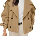 Women Cropped Trench Coat Casual Double Breasted Short Jacket Fall Fashion Outerwear with Belt