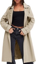 Women Double Breasted Trench Coats Causal Windproof Long Lapel Pocketed Overcoat with Belt