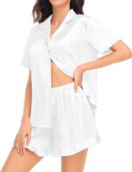 Women Silk Satin Pajamas Set Short Sleeve Button Down Sleepwear Ruffle Hem Shorts PJ Sets Two-Piece Loungewear - Image 2