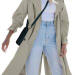 Women Long Trench Coat Double Breasted Notch Lapel Lightweight Oversized Windproof Fall Overcoat with Belt