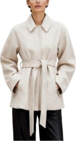 Coat for Women Wool Blend Short Peacoat Overcoat Button Tie Belt Winter Pea Coat with Pockets