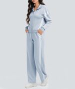 Women 2 Piece Lounge Outfits Zip Up Sweat Set Contrast Striped Wide Leg Jogging Pants Travel Track Suit - Image 2