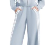 Women 2 Piece Lounge Outfits Zip Up Sweat Set Contrast Striped Wide Leg Jogging Pants Travel Track Suit