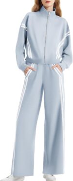Women 2 Piece Lounge Outfits Zip Up Sweat Set Contrast Striped Wide Leg Jogging Pants Travel Track Suit
