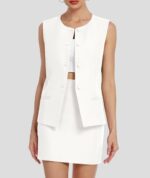 Women Two Piece Blazer Outfits Summer Skirt Set Dressy Crew Neck Button Down Vest Business Casual Suit - Image 2