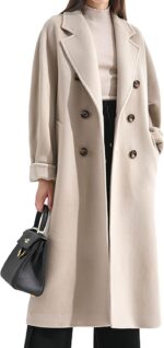 Women Wool Blend Pea Coat Camel Notched Collar Double Breasted Outerwear Jacket