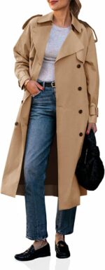 Women Long Trench Coat Double Breasted Classic Lapel Fall Overcoat with Belt