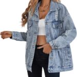 Denim Jacket for Women Ripped Jean Jacket Boyfriend Long Sleeve Trucker Coat