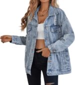 Denim Jacket for Women Ripped Jean Jacket Boyfriend Long Sleeve Trucker Coat