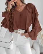 Women V Neck Ruffle Blouses Button Down Semi-Sheer Dressy Casual Top Fashion Long Sleeve Fall Chiffon Shirt - Image 2