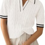 Women Short Sleeve Lightweight Sweater Tops Lapel V Neck Cable Knit Polo Shirts Summer Loose Casual Outfits 2026