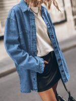 Women Jean Jacket Casual Button Up Denim Overshirt Trendy Long Sleeve Denim Jacket Coat - Image 2