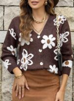 Cardigan Sweaters for Women Open Front Long Sleeve Button Down V-Neck Knit Floral Sweater - Image 2