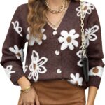 Cardigan Sweaters for Women Open Front Long Sleeve Button Down V-Neck Knit Floral Sweater