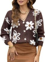 Cardigan Sweaters for Women Open Front Long Sleeve Button Down V-Neck Knit Floral Sweater