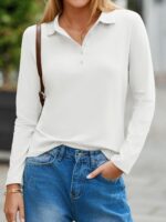 Women Long Sleeve Polo Shirts Business Work Casual V Neck Collared Tops Button Down Loose Fit Tees Shirts - Image 2