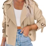 Women Crop Double Breasted Trench Coat Raglan Sleeve Work Office Cropped Jacket With Pockets