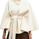 Women Batwing Sleeve Poncho Pea Coats Fall Trendy Stand Collar Belted Cloak Cape Wool Coats Winter Jackets