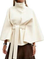 Women Batwing Sleeve Poncho Pea Coats Fall Trendy Stand Collar Belted Cloak Cape Wool Coats Winter Jackets