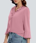 Women 3/4 Length Sleeve Tops V Neck Dressy Casual Blouses Tunic Trendy Business Office Ruffle Work Shirts - Image 2