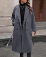 Women Winter Double Breasted Wool Coat Long Sleeve Notched Collar Trench Long Oversized Button Down Overcoats - Image 2
