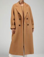 Women Camel Wool-Blend Double-Breasted Short Coat with Lapel Collar - Image 2