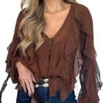 Women V Neck Ruffle Blouses Button Down Semi-Sheer Dressy Casual Top Fashion Long Sleeve Fall Chiffon Shirt