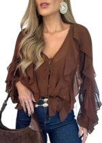 Women V Neck Ruffle Blouses Button Down Semi-Sheer Dressy Casual Top Fashion Long Sleeve Fall Chiffon Shirt