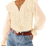 Women Long Sleeve Chiffon Dressy Casual Blouses Fall Button Down Ruffle Layered Boho Tops  Trendy Clothes