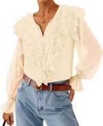 Women Long Sleeve Chiffon Dressy Casual Blouses Fall Button Down Ruffle Layered Boho Tops  Trendy Clothes