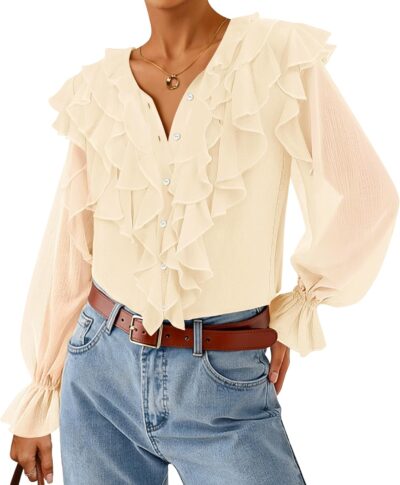 Women Long Sleeve Chiffon Dressy Casual Blouses Fall Button Down Ruffle Layered Boho Tops  Trendy Clothes