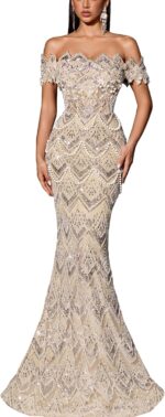 Women Off Shoulder Sequin Mermaid Evening Dress Lace Up Back Formal Gown Beaded Bodycon Prom Dress Party Wedding Guest