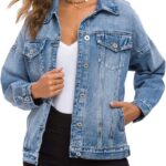Women  Vintage Washed Denim Jacket Long Sleeve Classic Loose Jean Trucker Jacket