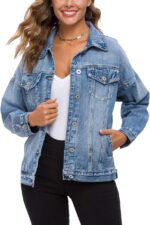 Women  Vintage Washed Denim Jacket Long Sleeve Classic Loose Jean Trucker Jacket