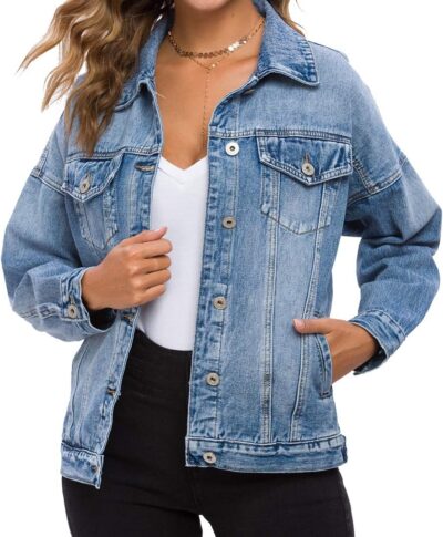 Women  Vintage Washed Denim Jacket Long Sleeve Classic Loose Jean Trucker Jacket