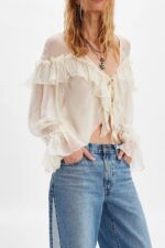 Women Flowy Bow Front Tie Top Long Sleeve Peplum Lace Trim Chiffon Shirt Sheer V Neck Boho Ruffle Beach Blouse - Image 2