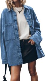 Women Jean Jacket Casual Button Up Denim Overshirt Trendy Long Sleeve Denim Jacket Coat